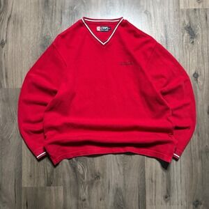VTG Chaps Ralph Lauren Red Fleece V Neck Sweater Athletic Sporty - Size L